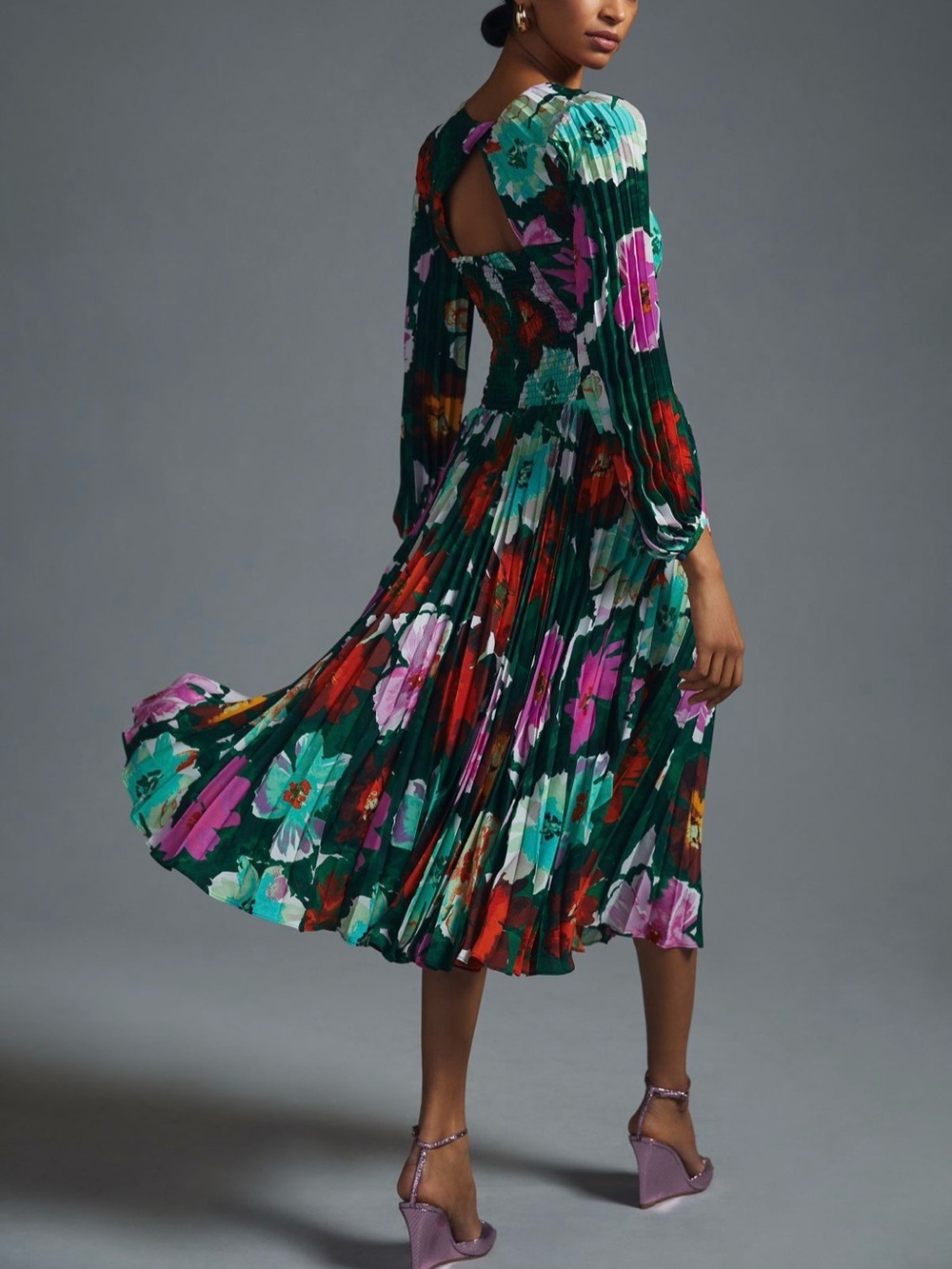 Anthropologie Dark Green Floral Pleated Midi Dress - Picture 3 of 4
